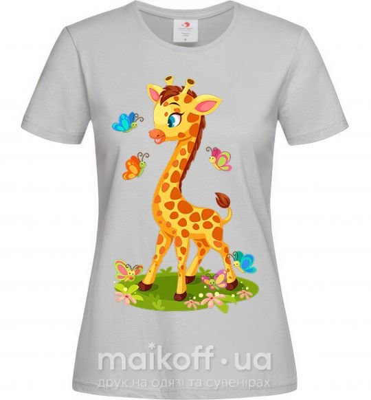 Женская футболка Жираф с бабочками Серый фото