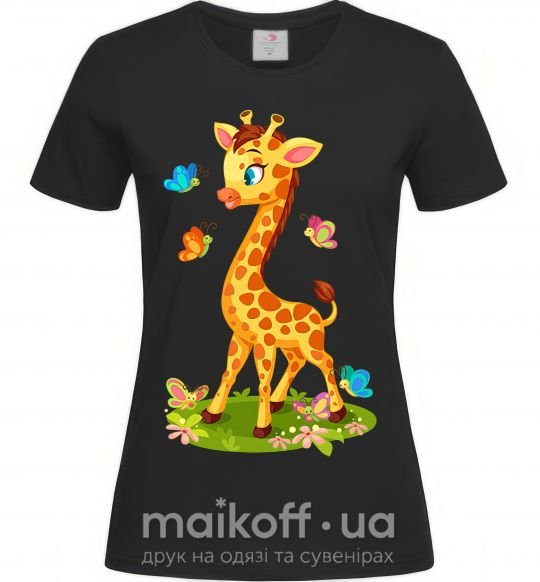 Женская футболка Жираф с бабочками Черный фото