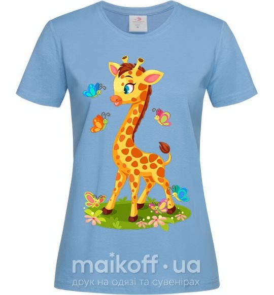 Жіноча футболка Жираф с бабочками Блакитний фото