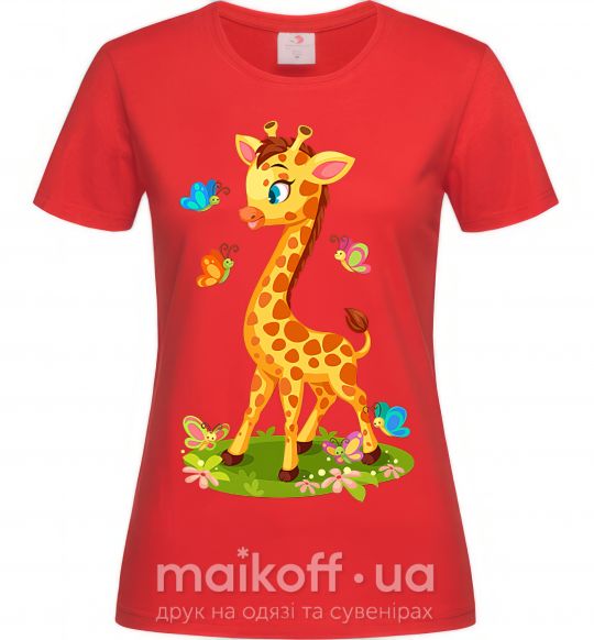 Женская футболка Жираф с бабочками Красный фото