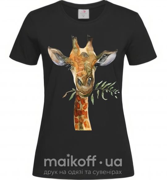 Женская футболка Жираф с веточкой краски Черный фото