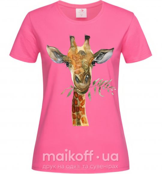 Жіноча футболка Жираф с веточкой краски Яскраво-рожевий фото