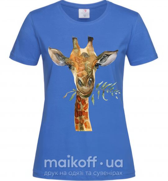 Женская футболка Жираф с веточкой краски Ярко-синий фото