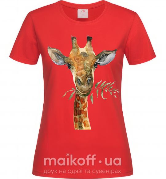 Женская футболка Жираф с веточкой краски Красный фото