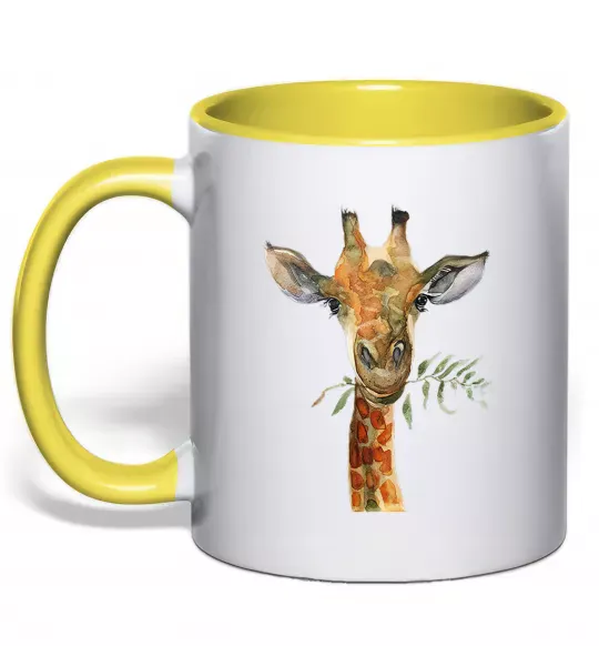 Чашка з кольоровою ручкою Жираф з гілкою Сонячно жовтий фото