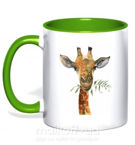 Чашка с цветной ручкой Жираф с веточкой краски Зеленый фото
