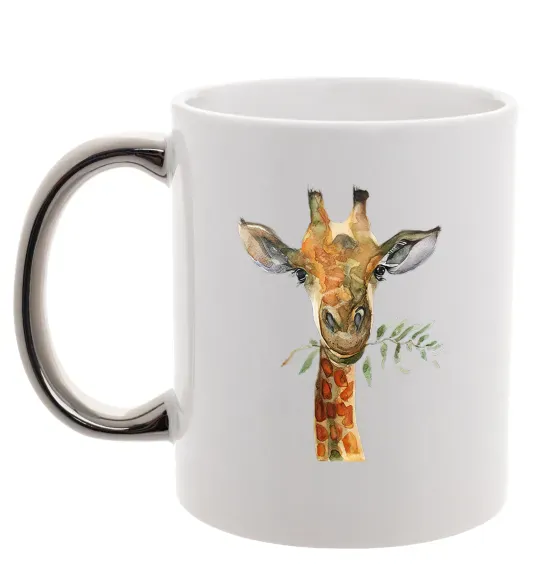 Чашка з кольоровою ручкою Жираф з гілкою Срібло фото
