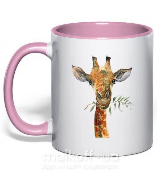 Чашка з кольоровою ручкою Жираф с веточкой краски Ніжно рожевий фото
