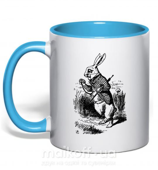 Чашка з кольоровою ручкою Кролик с часами Блакитний фото