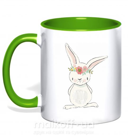 Чашка с цветной ручкой Заяц в веночке Зеленый фото