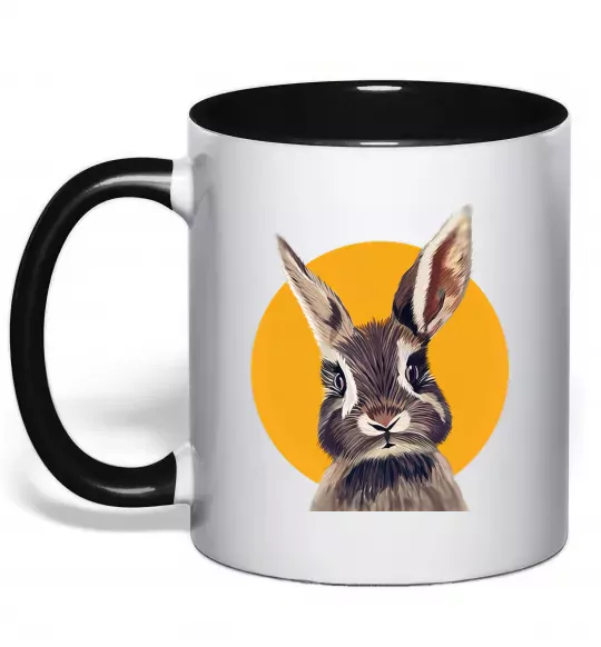 Чашка з кольоровою ручкою Кролик в жовтому кругу Чорний фото