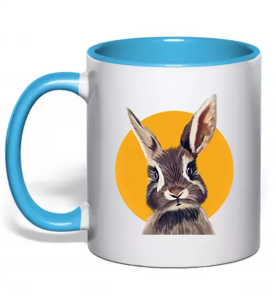 Чашка з кольоровою ручкою Кролик в жовтому кругу Блакитний фото