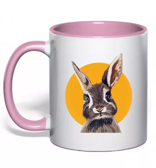 Чашка з кольоровою ручкою Кролик в жовтому кругу Ніжно рожевий фото