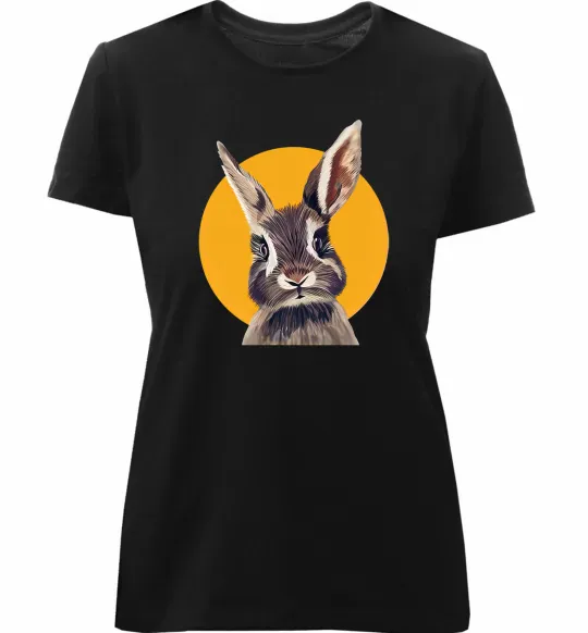 Женская премиум футболка Кролик в жовтому кругу Черный фото