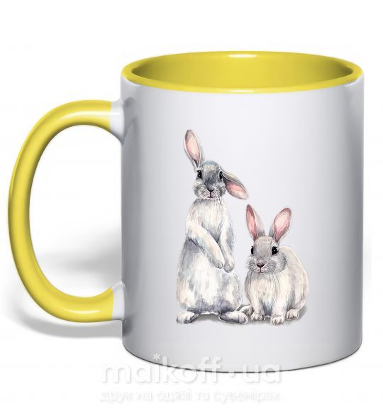 Чашка з кольоровою ручкою Кролики акварель Сонячно жовтий фото