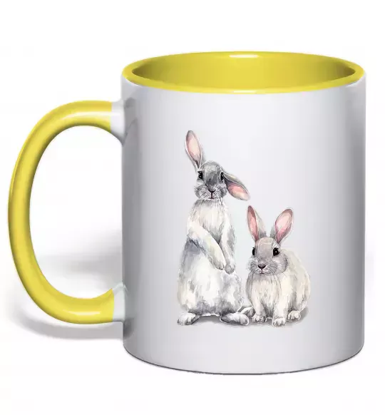 Чашка с цветной ручкой Кролики акварель Солнечно желтый фото