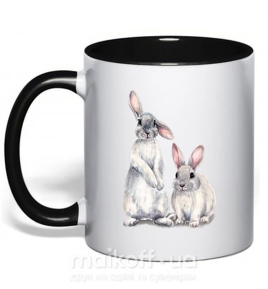 Чашка з кольоровою ручкою Кролики акварель Чорний фото