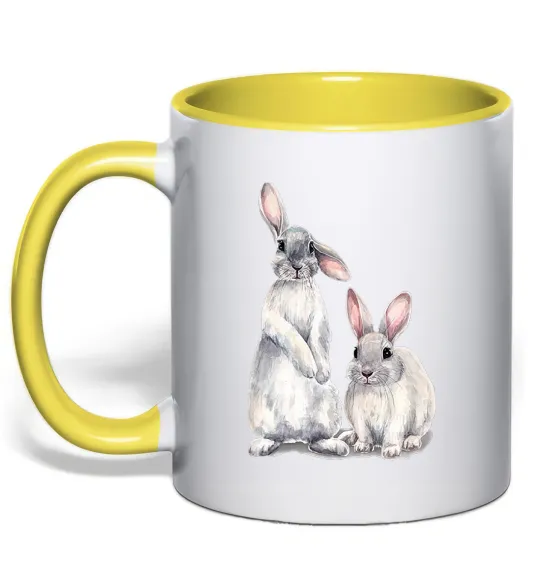 Чашка с цветной ручкой Кролики акварель Лимонный фото