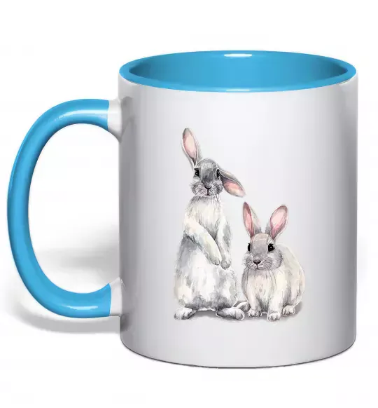 Чашка с цветной ручкой Кролики акварель Голубой фото