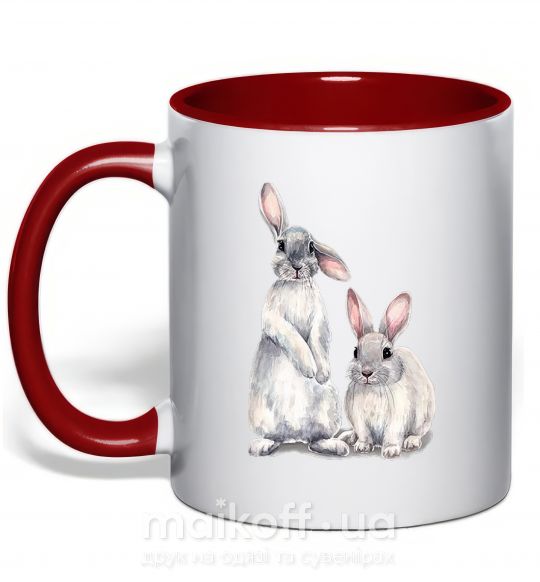 Чашка з кольоровою ручкою Кролики акварель Червоний фото