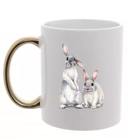Чашка с цветной ручкой Кролики акварель Золото фото