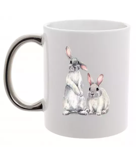 Чашка с цветной ручкой Кролики акварель Серебро фото