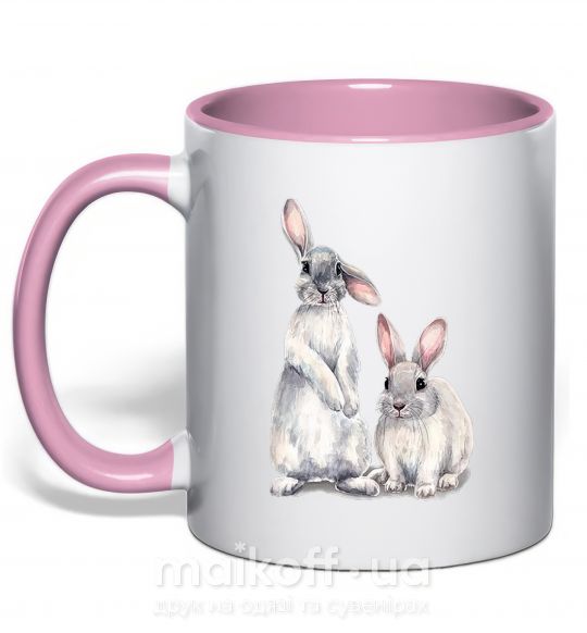 Чашка с цветной ручкой Кролики акварель Нежно розовый фото