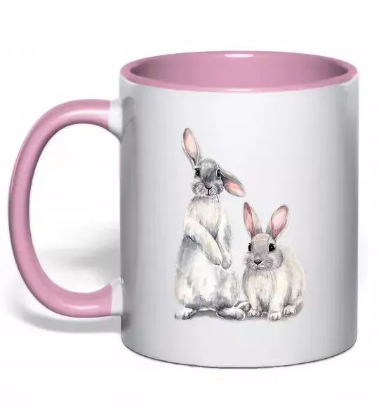 Чашка с цветной ручкой Кролики акварель Нежно розовый фото