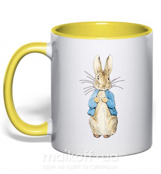 Чашка з кольоровою ручкою Кролик в курточке Сонячно жовтий фото