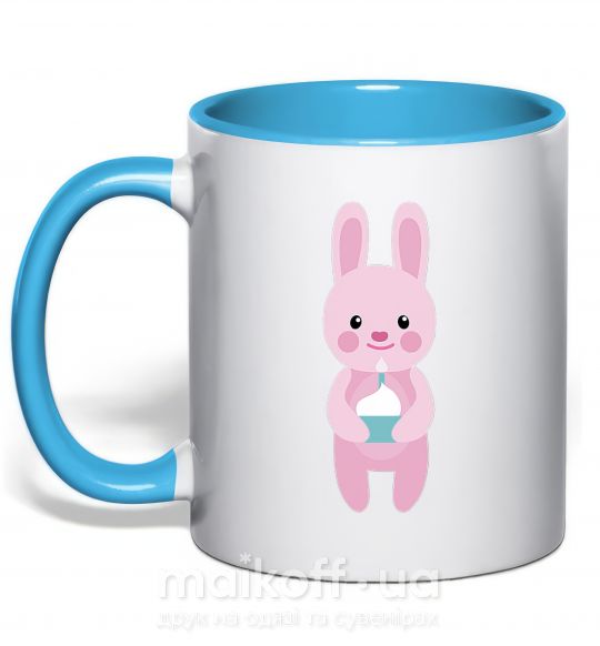 Чашка з кольоровою ручкою Розовый кролик Блакитний фото