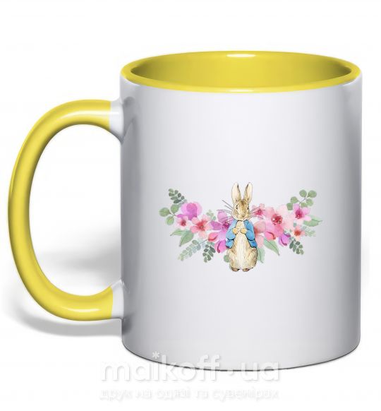 Чашка з кольоровою ручкою Кролик в цветах Сонячно жовтий фото