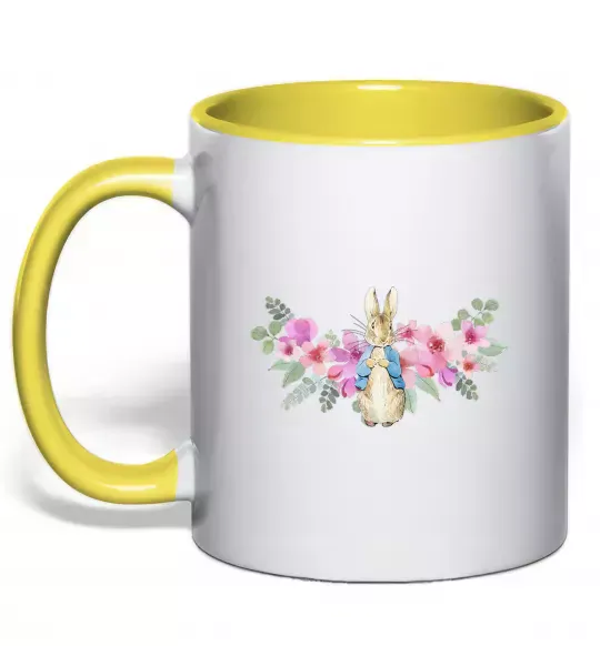 Чашка с цветной ручкой Кролик в квітах Солнечно желтый фото