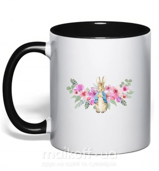 Чашка з кольоровою ручкою Кролик в цветах Чорний фото