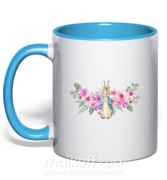 Чашка з кольоровою ручкою Кролик в цветах Блакитний фото