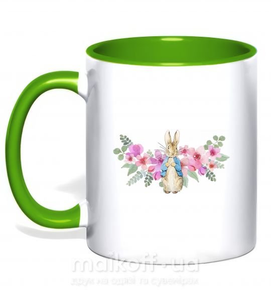 Чашка з кольоровою ручкою Кролик в цветах Зелений фото