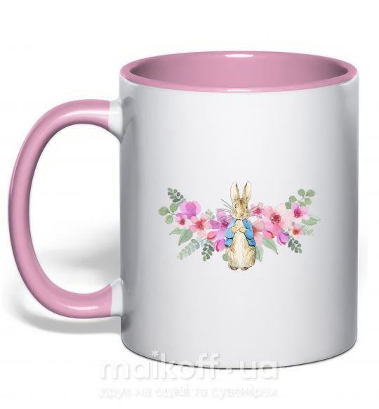 Чашка з кольоровою ручкою Кролик в цветах Ніжно рожевий фото