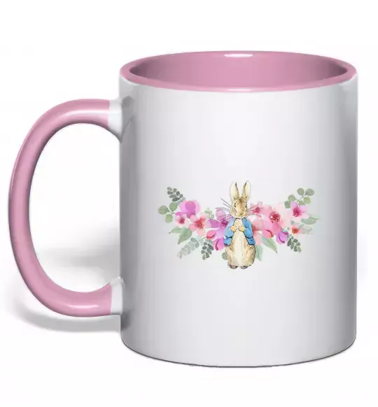 Чашка с цветной ручкой Кролик в квітах Нежно розовый фото