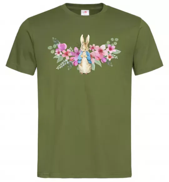 Мужская футболка Кролик в квітах Оливковый фото