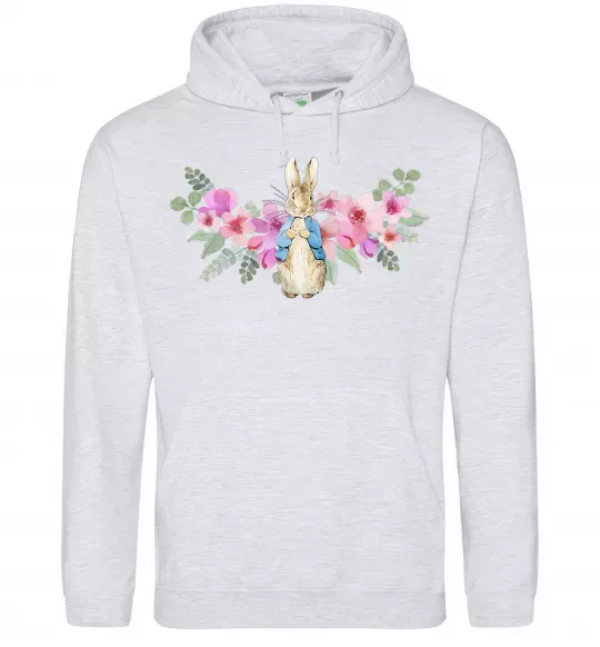 Мужская толстовка (худи) Кролик в квітах Серый меланж фото
