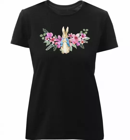 Жіноча преміум футболка Кролик в квітах Чорний фото