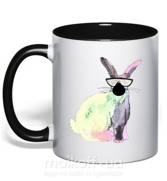 Чашка з кольоровою ручкою Кролик градиент в очках Чорний фото