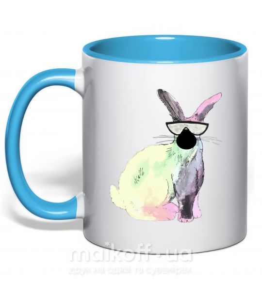 Чашка з кольоровою ручкою Кролик градиент в очках Блакитний фото