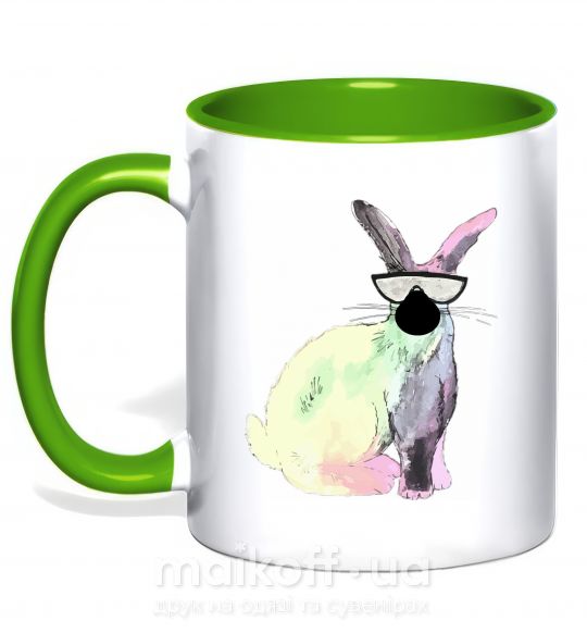 Чашка з кольоровою ручкою Кролик градиент в очках Зелений фото