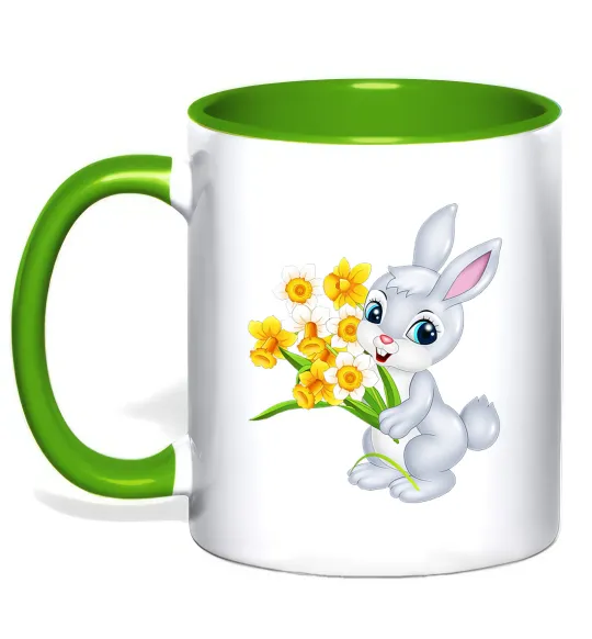 Чашка с цветной ручкой Заєць з нарцисами Лаймовый фото