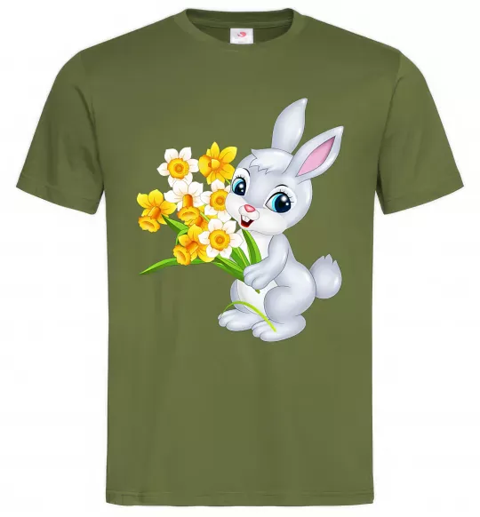 Мужская футболка Заєць з нарцисами Оливковый фото