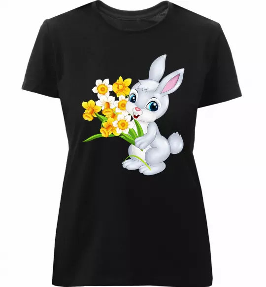 Жіноча преміум футболка Заєць з нарцисами Чорний фото