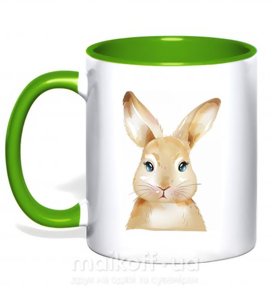 Чашка з кольоровою ручкою Рыжий кролик Зелений фото