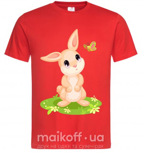 Мужская футболка Кролик на лужайке Красный фото