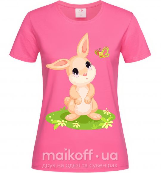 Жіноча футболка Кролик на лужайке Яскраво-рожевий фото