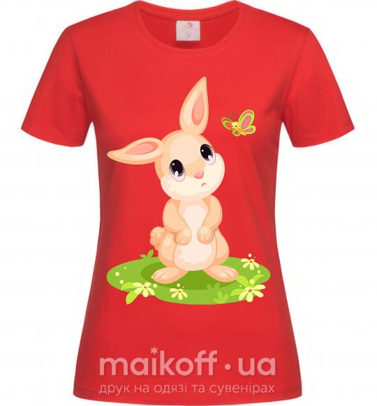 Женская футболка Кролик на лужайке Красный фото